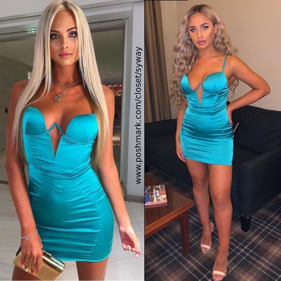 Oh Polly Double Life Underwired Satin Mini Dress Turquoise - Picture 1 of 13